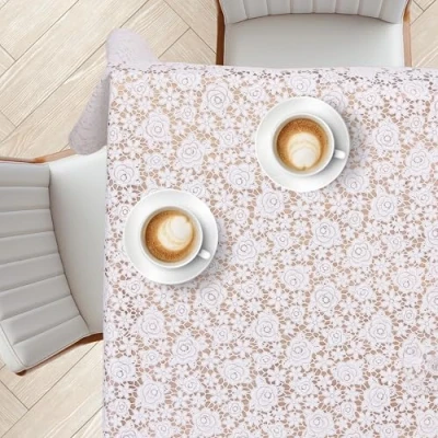 Immagine di KP HOME Tovaglia Plastificata Rettangolare 200 x 137 cm Cerata Facile da Pulire, Plastica e Interno in PVC Impermeabile Vinile con Motivo Pizzo Rose Bianche