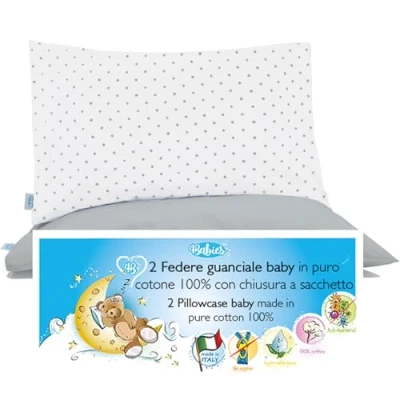 Immagine di 4BABIES Federa cuscino 40x60 Bambino Set 2 Federe per lettino e culla 100% PURO COTONE Made in Italy Chiusura a busta Certificato OEKO TEX POIS GRIGIO CARTA ZUCCHERO