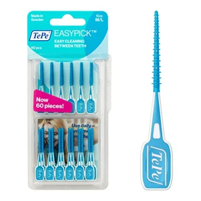 Immagine di TePe EasyPick Stick interdentali + 1 contenitore tascabile, Misura M/L, Blu, Confezione da 60 unità