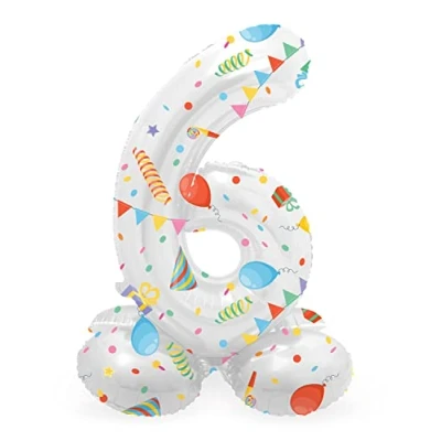 Immagine di Folat 63966 palloncino di alluminio Numero con Base Figura 6 Joyful Party Multicolore 72 cm decorazione per compleanno, anniversario, non è necessario l&#039;elio