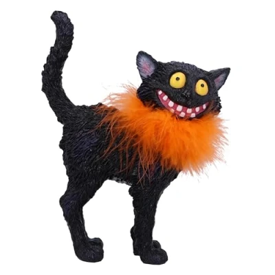 Immagine di Nemesis Now Furdinand Statuetta di gatto sorridente, 23 cm, in resina, nera, stravagante, con collare pelliccia, da collezione, sapientemente dipinto a mano