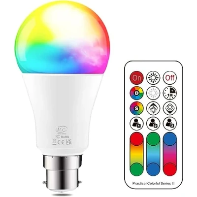 Immagine di Lampadina LED cambia colore, 120 colori, equivalente a 70 Watt, strobo fai da te, bianco caldo 2700K RGB con telecomando, 10W A60 B22