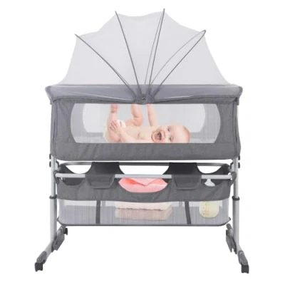 Immagine di HUOLE 3 In 1 Culla Neonato Fianco Letto, Regolabile Altezza 5 Posizioni, da Campeggio con Materasso e Cinghia Fissaggio, per Bambini 0 36 Mesi Fino a 25kg 92 * 58 70 90 cm (grigio scuro)