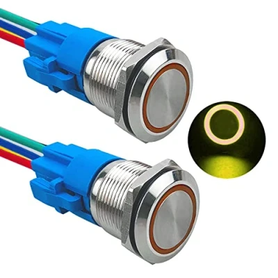 Immagine di Aiqeer 2 Pezzi 19 mm Interruttore a Pulsante Momentaneo, 12V / 24V 5A di Accensione per Auto, in Metallo con Presa Precablata (LED Giallo)