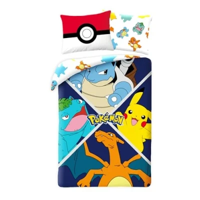 Immagine di Halantex Pokemon Evolution, set da letto per bambini, copripiumino reversibile 140 x 200 cm + federa cuscino, Pikachu, Tortank (Carapuce), Dracaufeu (Salameca) e Florizarre (Bulbizarre), POK611
