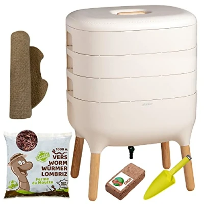 Immagine di Moutta Urbalive 3 vassoi Avorio, Kit Completo I Vermicompostaggio Design 500g di Vermi Lombrichi / 1000 pz. Substrato Iniziale Stuoia Canapa + Pala Interno, Balcone e Giardino