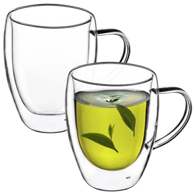Immagine di KADAX Tazza in Vetro, 270 ml, a Doppia Parete, Bicchiere per tè, Caffè, Latte, Termica con Manico, Vetro da Tazze termiche 18,5x9,5x12 cm