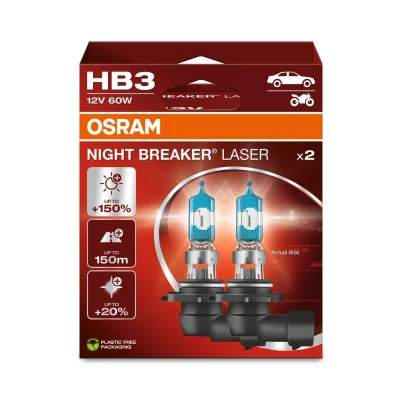 Immagine di OSRAM NIGHT BREAKER LASER HB3, +150% di luminosità in più, lampada alogena per fari, 9005NL 2HB, 12V, scatola pieghevole sospesa (2 lampade)
