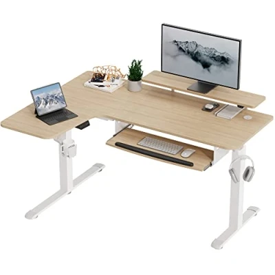 Immagine di EUREKA ERGONOMIC scrivania regolabile in altezza, 155 x 110 cm, grande ad angolo, elettrico, da gioco, a forma di L, con ripiano per tastiera, supporto monitor