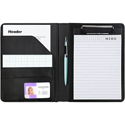 Immagine di Kurtzy Cartella Portadocumenti A5 Nera Finta Pelle Porta Block Notes per Ufficio Documenti Pieghevole File, Curriculum, Carte, Appunti e Blocco Note