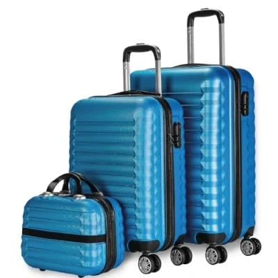 Immagine di NUMADA Set di valigie 3pzs (53/63cm) e borsa da toilette Blu, ABS Resistente, Leggero con 4 ruote doppie lucchetto combinazione laterale