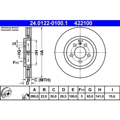 Immagine di ATE 24.0122 0100.1 Disco freno 280,0 22,0 5 100,0 ventilato rivestito ad alto tenore di carbonio VOLKSWAGEN: GOLF 3, Passat B3/B4 Variant, Corrado