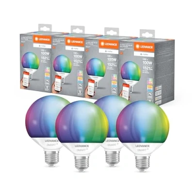 Immagine di Ledvance Lampada Led Smart+ Matter, Smerigliata, 14W, 1521Lm, Forma a Globo E27, Luce Colorata e Bianca, Compatibile con Google, Alexa, Apple, App o Controllo Vocale, 20.000 Ore,Conf. Da 4