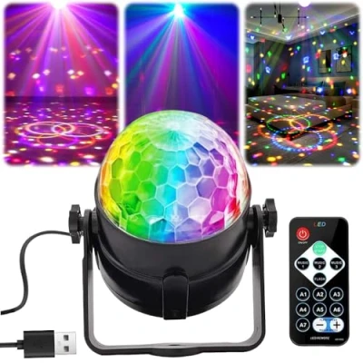 Immagine di Sfera da discoteca, luci con telecomando, cavo USB, rotazione a 360, per bambini, feste, Halloween, Natale, RGB, effetti di luce feste (1 pezzo)