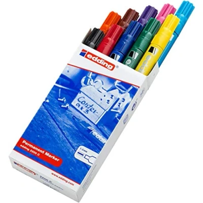 Immagine di edding Pennarello indelebile 2200 C, multicolore, confezione da 10 pennarelli, punta a scalpello 1 5 mm, ad asciugatura rapida, impermeabile, resistente alle sbavature, per cartone, plastica,