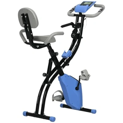Immagine di HOMCOM Cyclette Pieghevole 2 in 1, Resistenza Magnetica Regolabile 8 Livelli, Bici da Fitness con Sensore di Frequenza Cardiaca, Elastici per Braccia, Schermo LCD, Volano 2.5kg, Azzurro