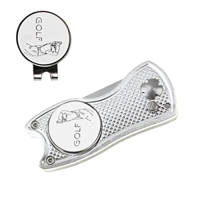 Immagine di Crestgolf Golf Divot Tool con Pop up Button &amp; Magnetic Ball Marker Pitch Mark Mini Leggero Portatile e Pieghevole (Silver)