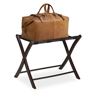 Immagine di Relaxdays Portavaligie Pieghevole, Scaffale in Legno, Cavalletto Reggivaligie, HxLxP: 52,5 x 66,5 48 cm, Marrone, 1 unità