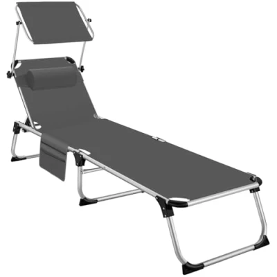 Immagine di TecTake® Lettino Prendisole Pieghevole, Telaio in Alluminio, Schienale Regolabile 6 Posizioni, Sdraio con Tetto Parasole e Comodo Cuscino, Ideale per Giardino Campeggio Grigio