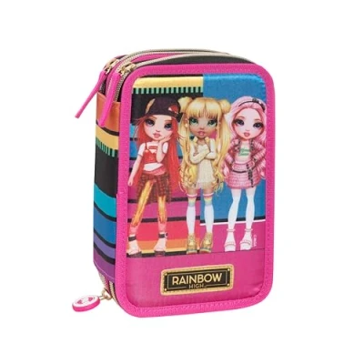 Immagine di Franco Cosimo Panini Rainbow HIGH Astuccio Scuola Ufficiale High, 3 Scomparti Bambina con Set Cancelleria, Penna Cancellabile Blu Frixion e Pratica Chiusura a Zip, 20x13Hx7 cm