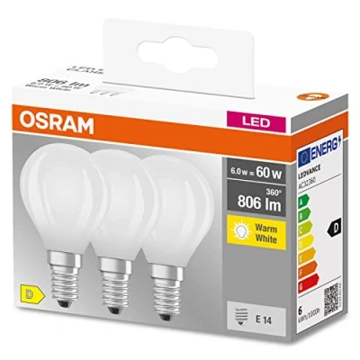 Immagine di OSRAM 4058075592599 LED (monocolore) ERP D (A G) E14 Forma di goccia 5.5 W = 60 Bianco caldo (Ø x A) 45 mm 3 pz.