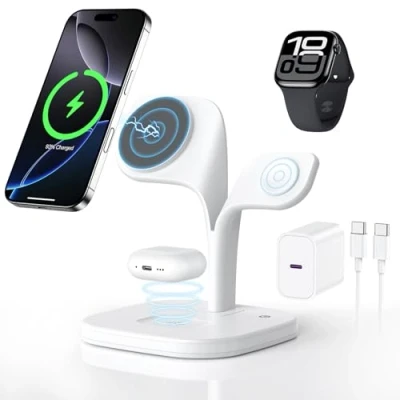 Immagine di HJCE Caricabatterie Senza Fili con Mag Safe, 3 in 1 Stazione Di Ricarica per Apple Inductive Wireless Charger iPhone 16 15 14 13 12, Watch 10/9/8/7/6/SE/5/4/3/, AirPods 4/3/2/Pro