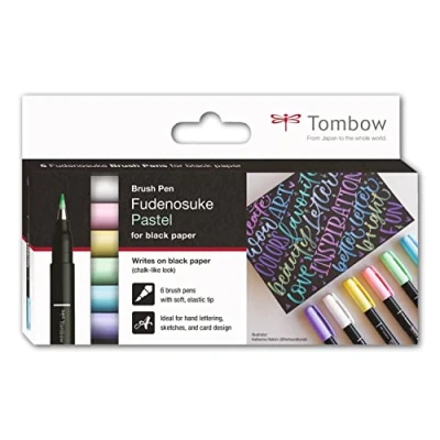 Immagine di Tombow Set di 6 pennarelli Fudenosuke pastello per carta nera