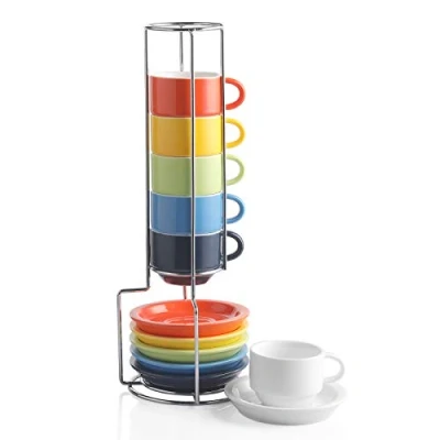 Immagine di Sweejar Set di 6 tazze da caffè e piattino, impilabili, in porcellana Demitasse con supporto metallo, 70 ml, per latte, caffè, cappuccino, tè Multicolore