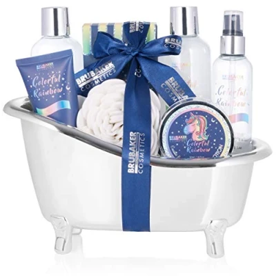 Immagine di BRUBAKER Cosmetici 8 pezzi Unicorn Beauty Set Colorful Rainbow con profumo di lavanda alla vaniglia in vasca d&#039;argento