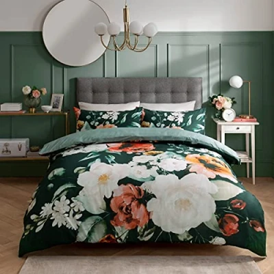Immagine di Sleepdown Set di biancheria da letto con copripiumino e federa, 100% cotone, motivo floreale, colore: verde bianco, morbido, facile pulire, per singolo (135 x 200 cm)