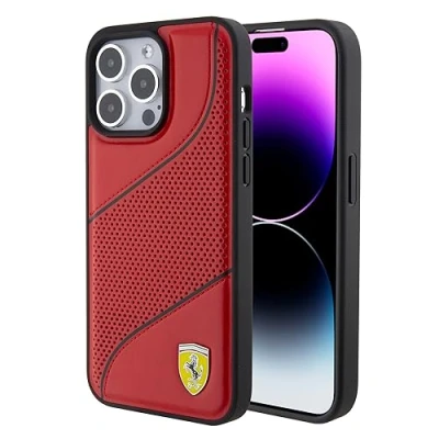 Immagine di CG MOBILE Ferrari Custodia compatibile con iPhone 15 Pro Max, in pelle PU, antigraffio, liscia, perforazione obliqua rossa, facile scatto, assorbimento degli urti e logo firmato