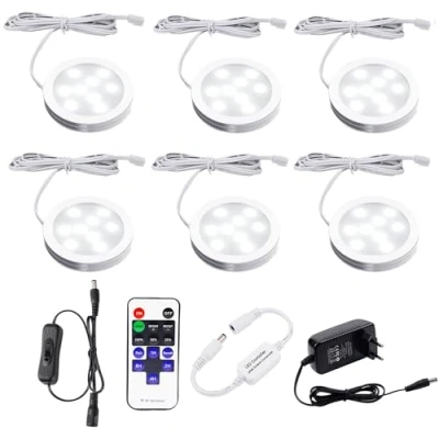 Immagine di AIBOO LED Luce Sottopensile Cucina Dimmerabile con Telecomando RF Wireless, Illuminazione A da Incasso per Armadio, EUR Spina, 6 Luci Display, 12V 12W Under Vetrine(Bianca Freddo 6000K)