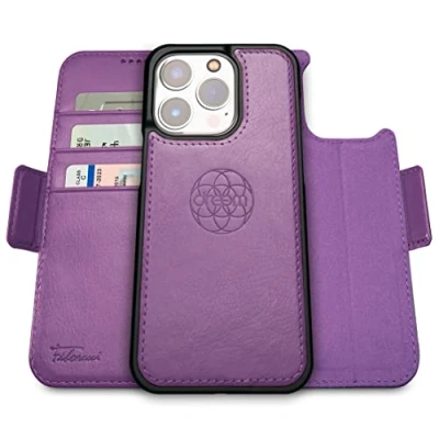 Immagine di dreem Fibonacci compatibile con iPhone 14 Pro custodia a portafoglio/custodia antiurto 2 in 1 e folio pelle vegana staccabile, MagSafe, protezione RFID [Viola]