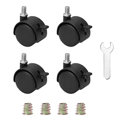 Immagine di 4 ruote girevoli in nylon con freno, gambo filettato M8, dadi e chiave inglese, plastica, colore nero