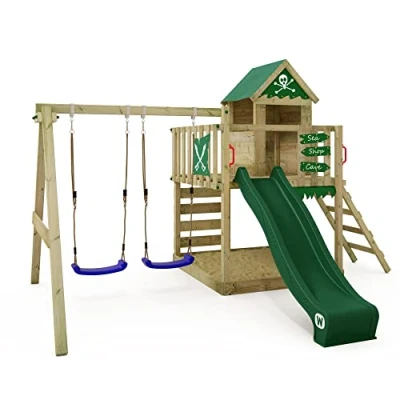 Immagine di gioco da giardino WICKEY Smart Cave con altalena e scivolo verde, struttura esterno per bambini sabbiera, scaletta accessori