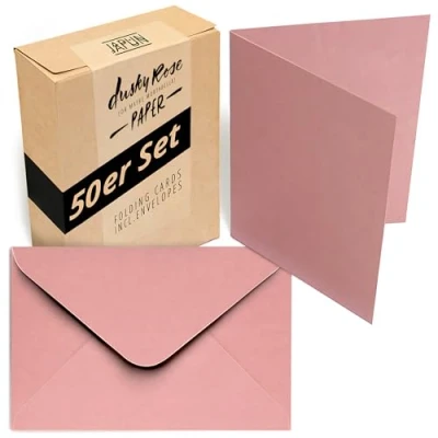 Immagine di Japun Set di 50 biglietti pieghevoli vuoti con buste, da progettare, etichettare o stampare DIN A6 / C6 rosa