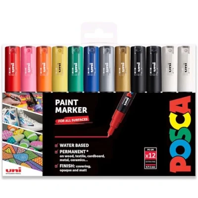 Immagine di posca Set professionale di 12 pennarelli Uni gamma PC 1M include: extra nero e bianco