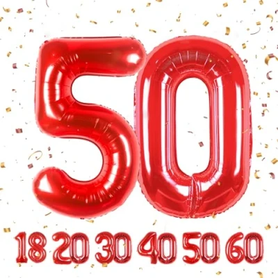 Immagine di Palloncini Compleanno 50 anni Rosso 101 CM Palloncino Numero Gonfiabile in Foil Decorazioni di un uomo donna Vola con l&#039;Elio