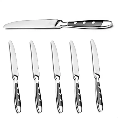 Immagine di Kerafactum Set di 6 coltelli da tavola in acciaio inox con lama seghettata carne manici neri stile rustico Bistro estensibile Meat Knife