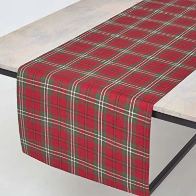 Immagine di Homescapes Runner da tavola in cotone 100%, con motivo natalizio scozzese a quadretti, lavabile lavatrice, 38 x 140 cm, colore bianco/verde/rosso