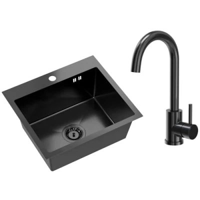 Immagine di VBChome Lavello da incasso in acciaio inox con rubinetto, 50 x 45 cm, colore nero, foro per inox, rubinetto PVD