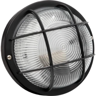 Immagine di Plafoniera Rotonda da Parete o Soffitto, Brennenstuhl, Portalampada con Griglia in Plastica Resistente, Attacco E27, Max 60W, Applique per Interno &amp; Esterno, IP44, Nero