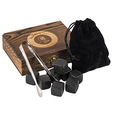 Immagine di Buddy&#039;s Bar 9 pietre per whisky, 2 x cm, set regalo, elegante scatola di legno, sacchetto velluto, pinze, cubetti ghiaccio naturali basalto, refrigeranti neutre e colore nero
