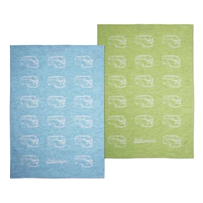 Immagine di Brisa VW Collection Volkswagen set di due strofinacci da cucina, senza pelucchi, 60% lino e 40% cotone, Camper T1 Bus design (Verde &amp; Azzurro/70 x 50cm)