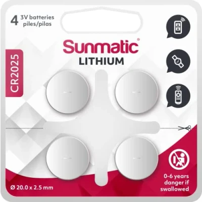 Immagine di CR2025 Set da 4 Sunmatic Batterie al Litio a Bottone CR 2025 3V Lunga Durata