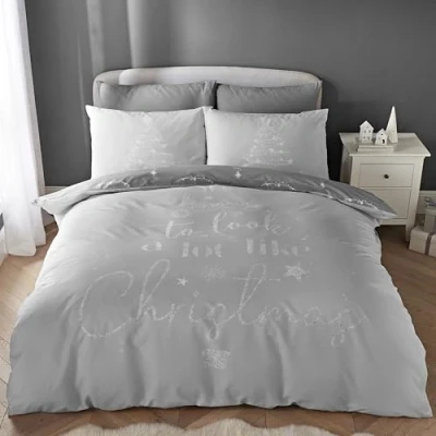 Immagine di Catherine Lansfield A Lot Like Christmas, set copripiumino singolo reversibile con federa, grigio
