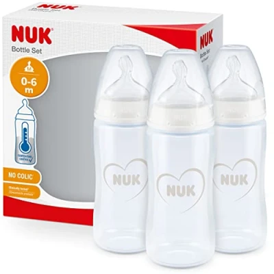 Immagine di NUK First Choice+ Biberon 0 6 mesi 150 ml anti colica con tettarella ortodontica in silicone Controllo della temperatura senza BPA Grigio e Bianco 3 pezzi