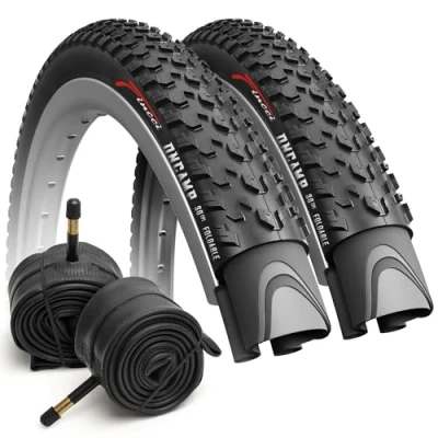 Immagine di Fincci Copertone Mtb 27.5 Set Pneumatici Pieghevole 27.5x2.10 Pollici 54 584 con 2 Schrader Camera daria, Gomme Oncamp per bici da corsa, Strada, Mountain Bike, E Bicicletta, Confezione