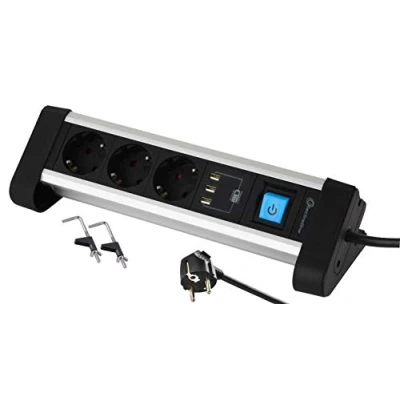 Immagine di Electraline 62559 Base Multipla per Tavolo da Lavoro Schuko + 3 Porte 3.4A, 2M, Fissaggio con 2 Supporti Inclusi, Colore Metallico, Prese USB