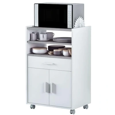 Immagine di Armadietto ausiliario per microonde, tavolo da cucina con cassetto e due ante, colore bianco cemento, misure: 92 cm (altezza) x 59 (larghezza) 40 (profondità)
